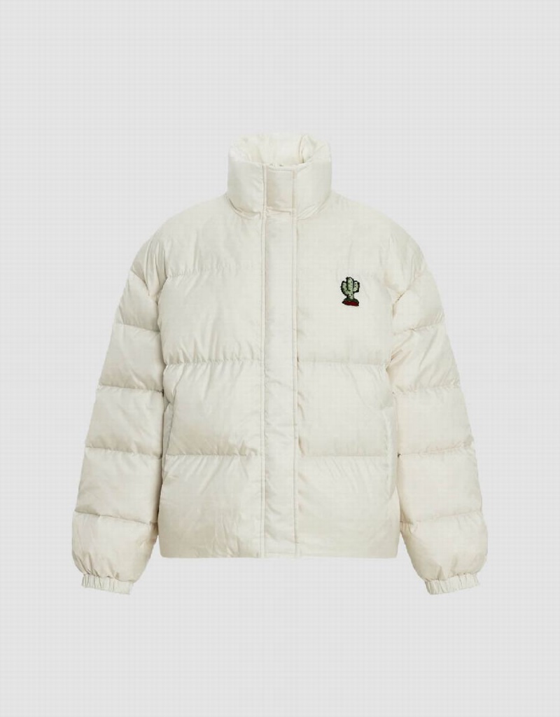 White Women's Urban Revivo Cactus Embossed Stand Collar Puffer Jacket | WPO2974XB