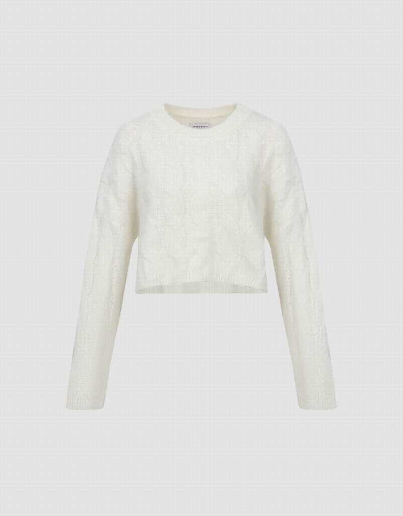 White Women's Urban Revivo Crew Neck Cable Knitted Cardigan | SSK8516UJ