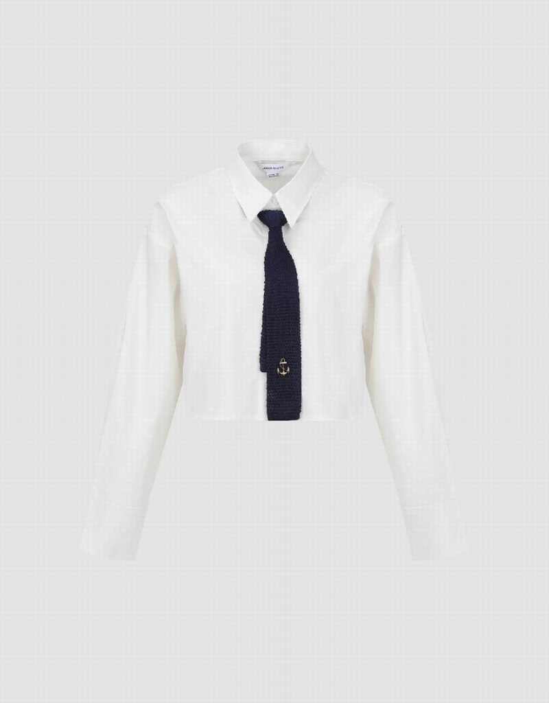 White Women's Urban Revivo Cropped Straight With Tie Shirts | CSP5444BS