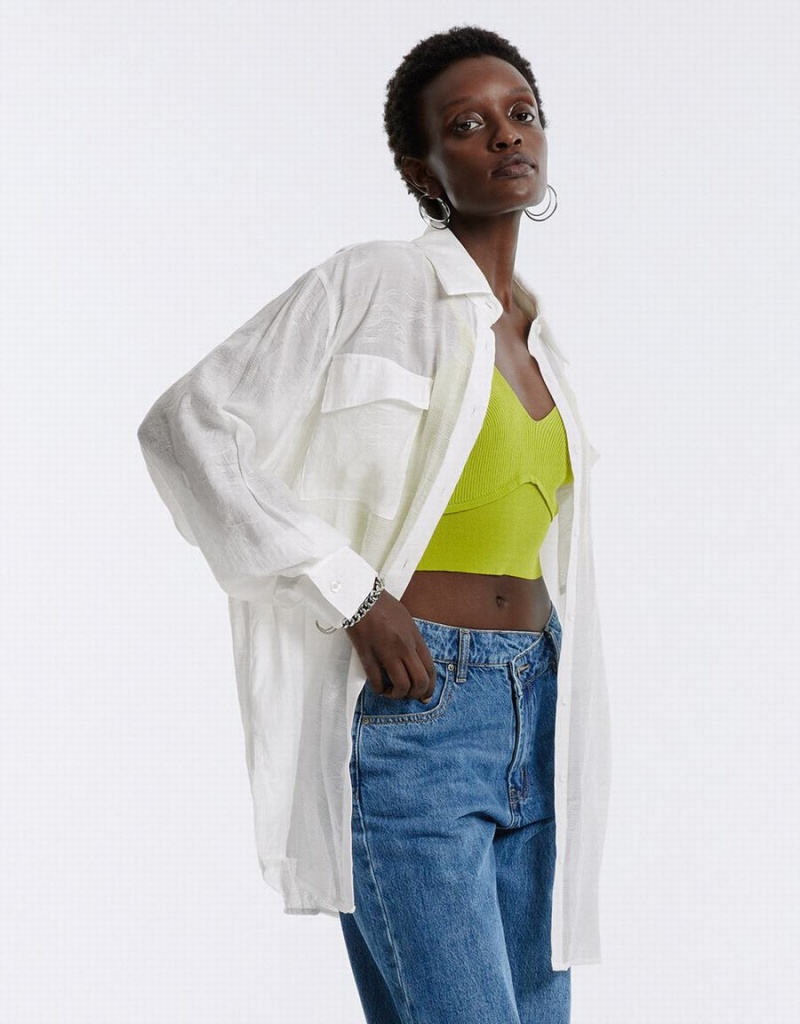 White Women's Urban Revivo Flap Pocket Shirts | RXS9987OD