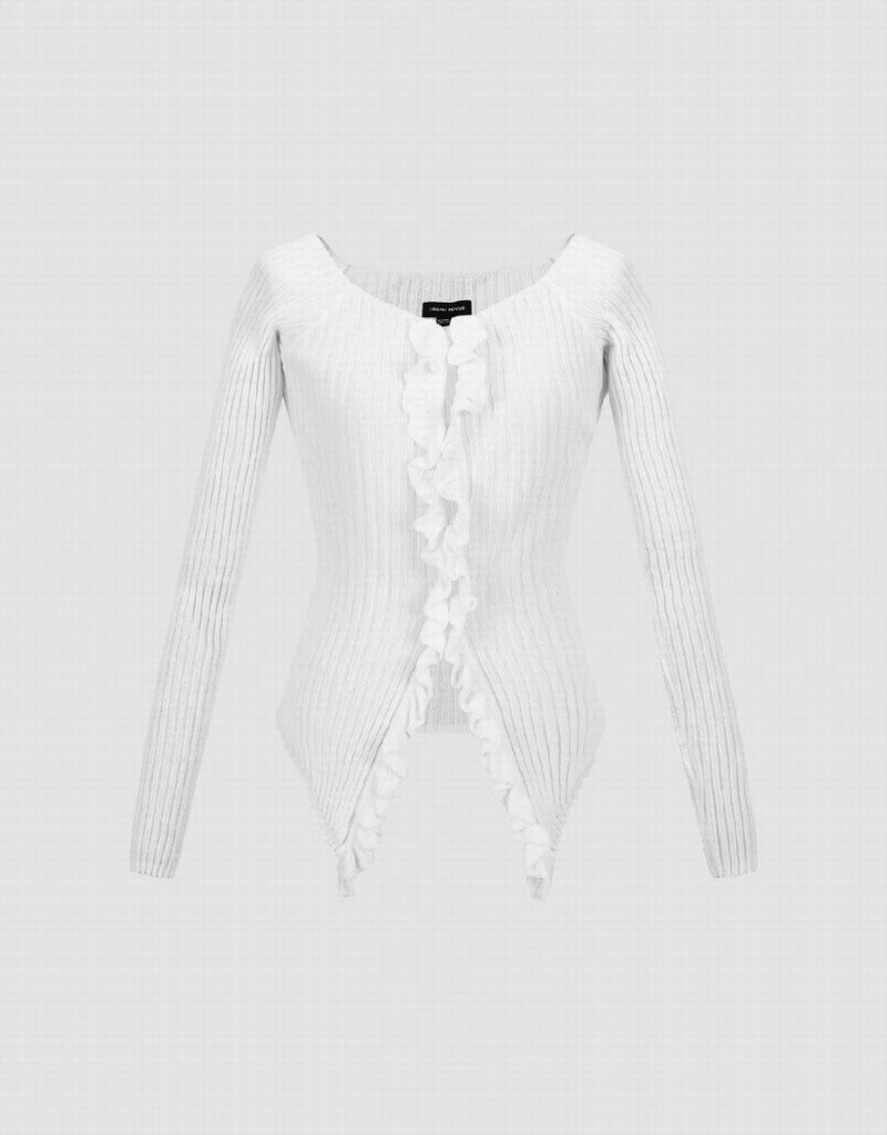 White Women's Urban Revivo Frill Trim Knitted Cardigan | YZQ9284ME