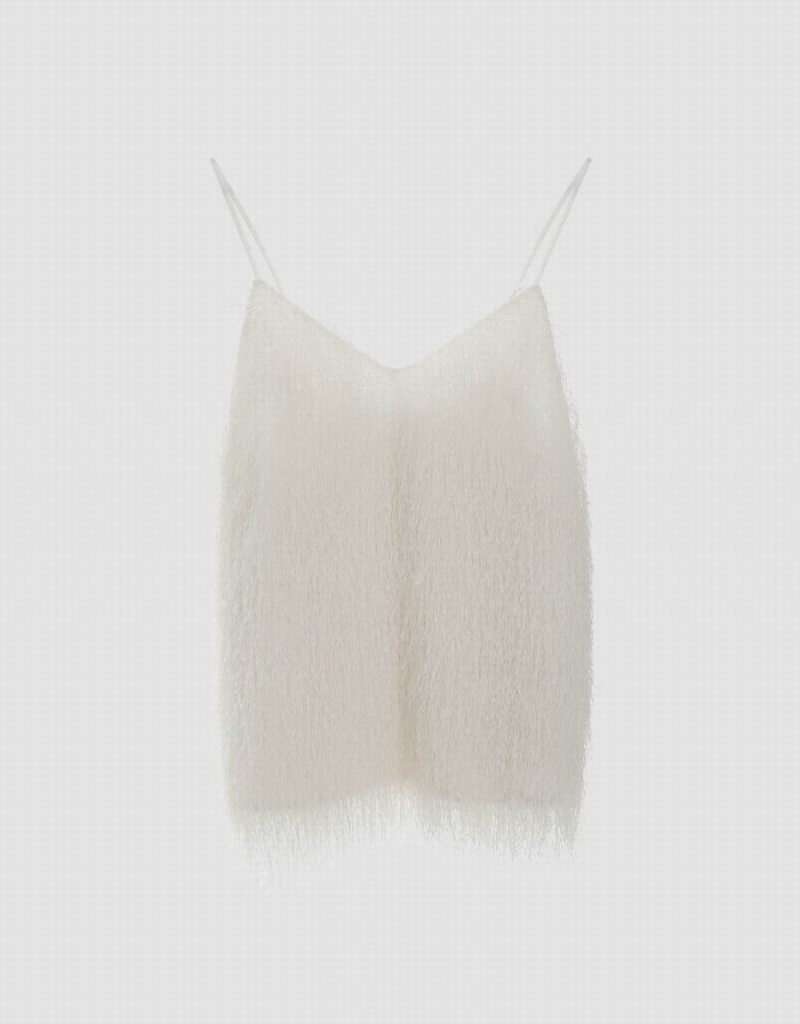 White Women's Urban Revivo Fuzzy V-Neck Cami Tank Top | FOG495GJ