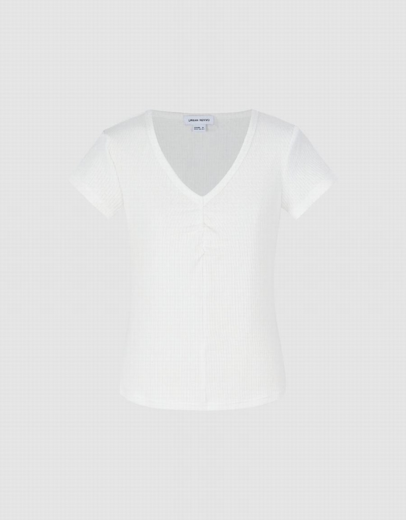 White Women's Urban Revivo Knitted V-Neck Skinny T Shirts | SEC7310ZO