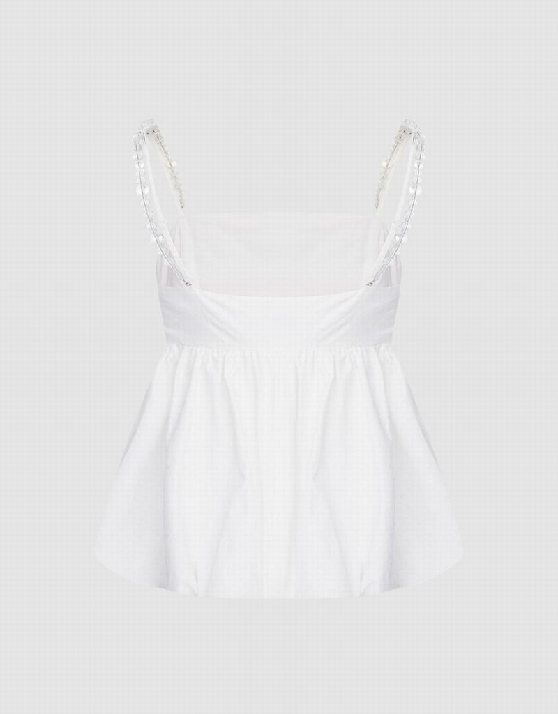 White Women's Urban Revivo Ruffle Hem Cami Top With Beaded Strap Tank Top | XOR8842XK