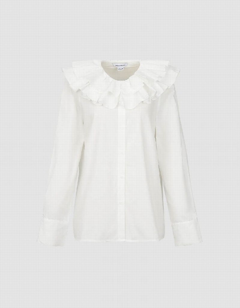 White Women's Urban Revivo Ruffle Lapel Shirts | KSZ940RA