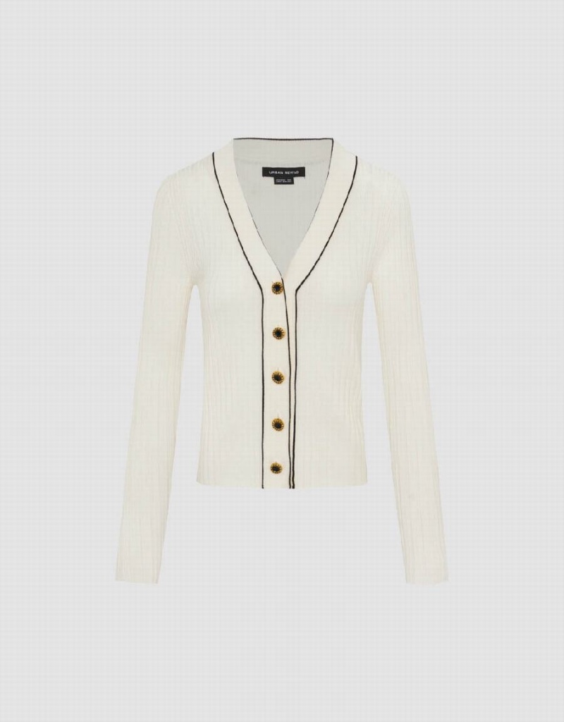 White Women's Urban Revivo Skinny V-Neck Knitted Cardigan | CRN3847TD