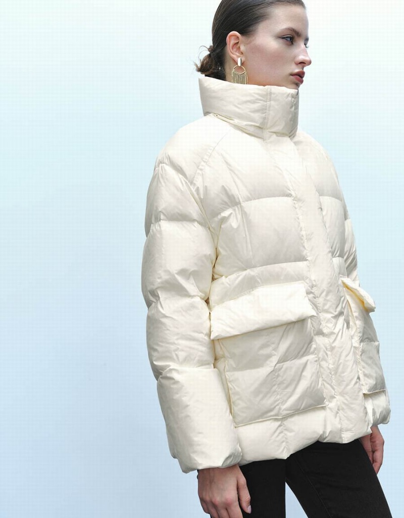 White Women's Urban Revivo Stand Collar Puffer Jacket | DJH3575LM