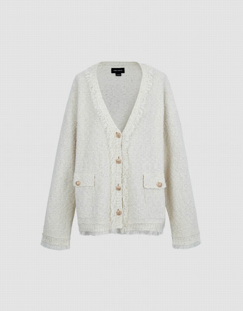 White Women's Urban Revivo Tweed Raw Trim V-Neck Knitted Cardigan | EHK8615SF