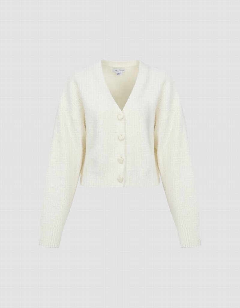 White Women's Urban Revivo V-Neck Knitted Cardigan | TWE7011MU