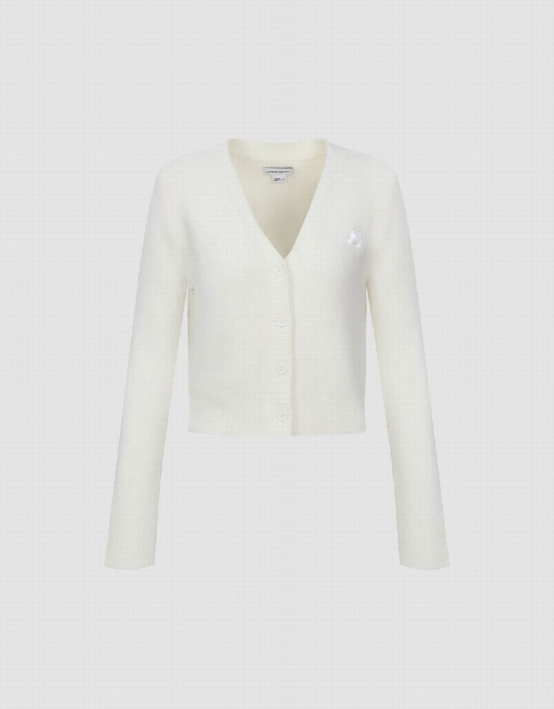 White Women's Urban Revivo V-Neck Knitted Cardigan | XTW959EA