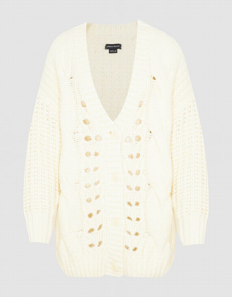 White Women's Urban Revivo V-Neck Knitted Cardigan | YTQ6279DG