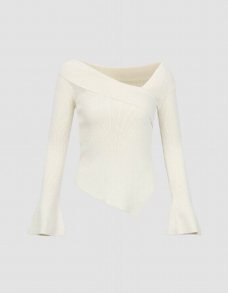 White Women\'s Urban Revivo V-Neck Skinny Knitted Cardigan | SDJ1049PM