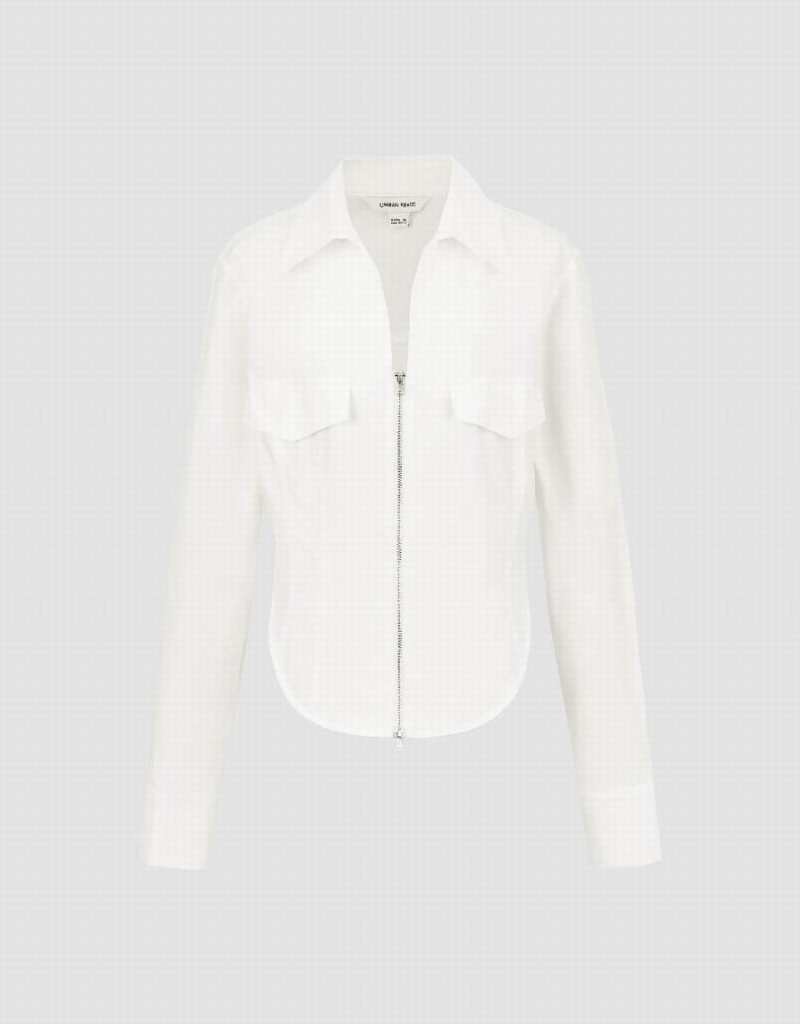 White Women's Urban Revivo Zipper Front A-Line Shirts | ZIC4793OS