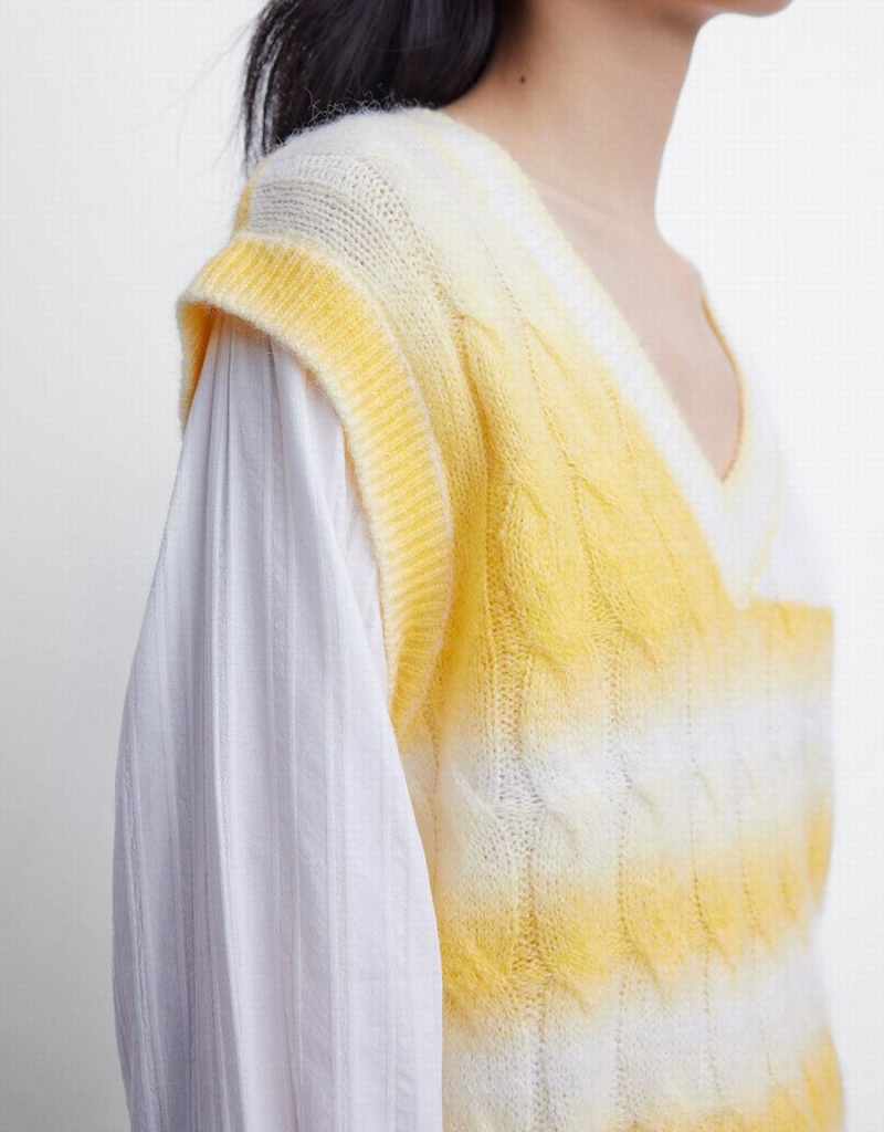 White Yellow Women's Urban Revivo 2 In 1 Striped Cable Knit Top Cardigan | DPB6460OY