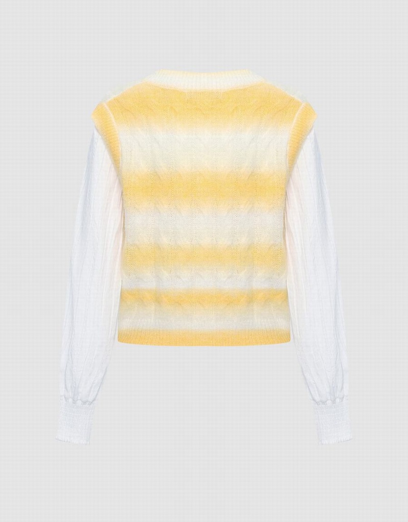 White Yellow Women's Urban Revivo 2 In 1 Striped Cable Knit Top Cardigan | DPB6460OY