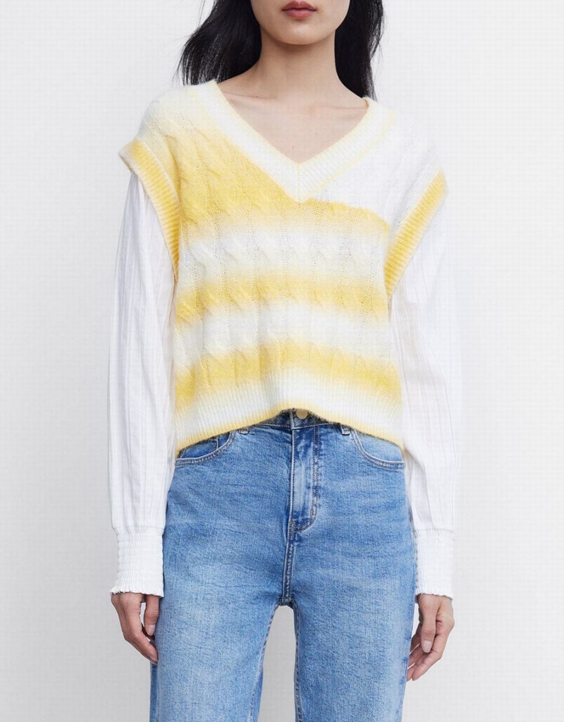 White Yellow Women's Urban Revivo 2 In 1 Striped Cable Knit Top Cardigan | DPB6460OY