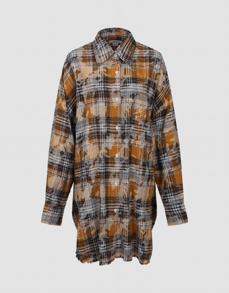 Yellow Women's Urban Revivo Printed Plaid Button Up Straight Shirts | XCX5541SM